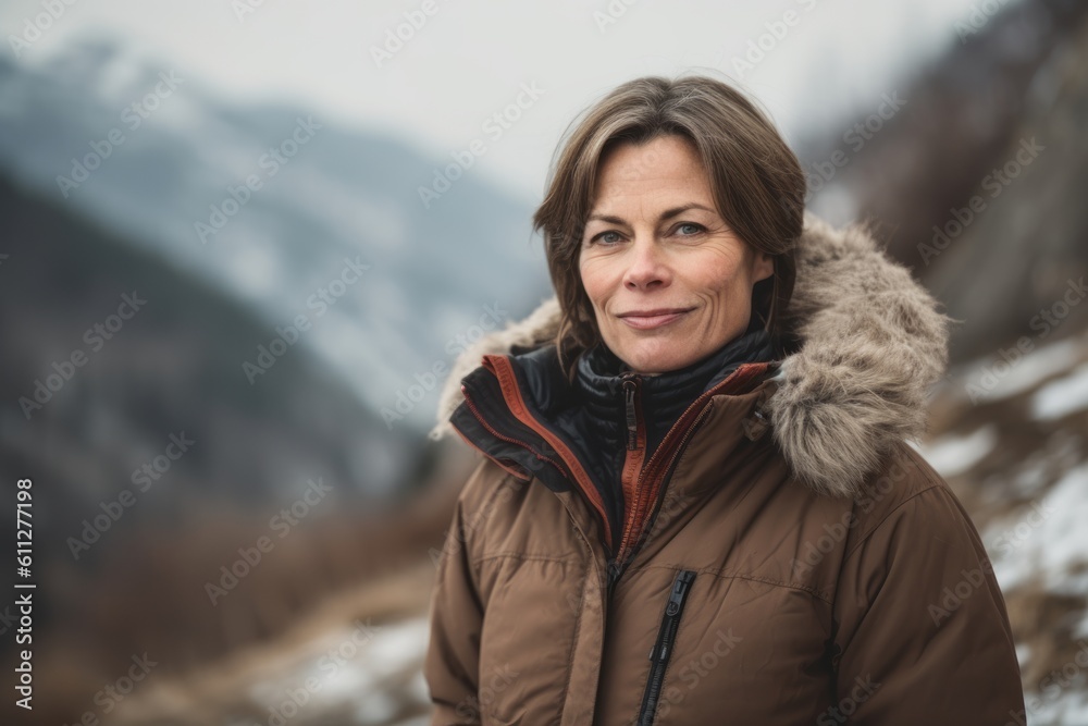 Medium shot portrait photography of a glad mature woman wearing a cozy winter coat against a scenic mountain trail background. With generative AI technology