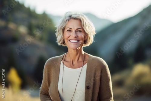 Medium shot portrait photography of a happy mature woman wearing a chic cardigan against a scenic mountain trail background. With generative AI technology
