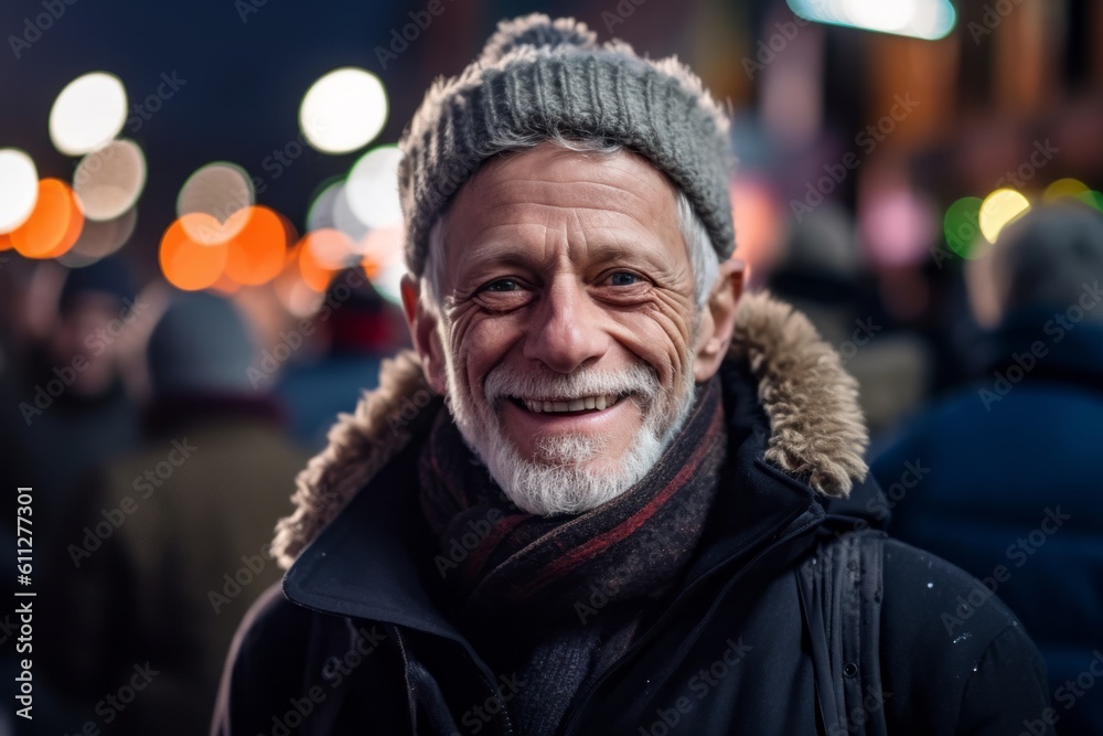Close-up portrait photography of a happy mature man wearing a cozy winter coat against a festive parade background. With generative AI technology Close-up portrait photography of a happy mature man wearing a cozy winter coat against a festive parade background. With generative AI technology