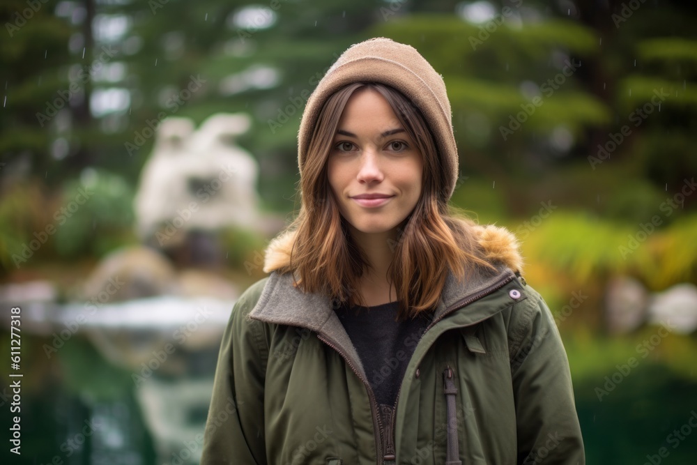Headshot portrait photography of a satisfied girl in her 30s wearing a warm parka against a tranquil koi pond background. With generative AI technology Headshot portrait photography of a satisfied girl in her 30s wearing a warm parka against a tranquil koi pond background. With generative AI technology