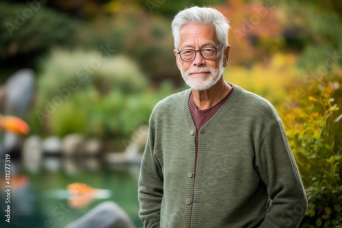 Environmental portrait photography of a glad mature man wearing a cozy sweater against a tranquil koi pond background. With generative AI technology