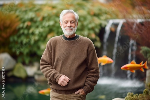 Environmental portrait photography of a glad mature man wearing a cozy sweater against a tranquil koi pond background. With generative AI technology