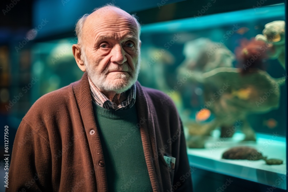 Close-up portrait photography of a satisfied old man wearing a cozy sweater against a vibrant aquarium background. With generative AI technology