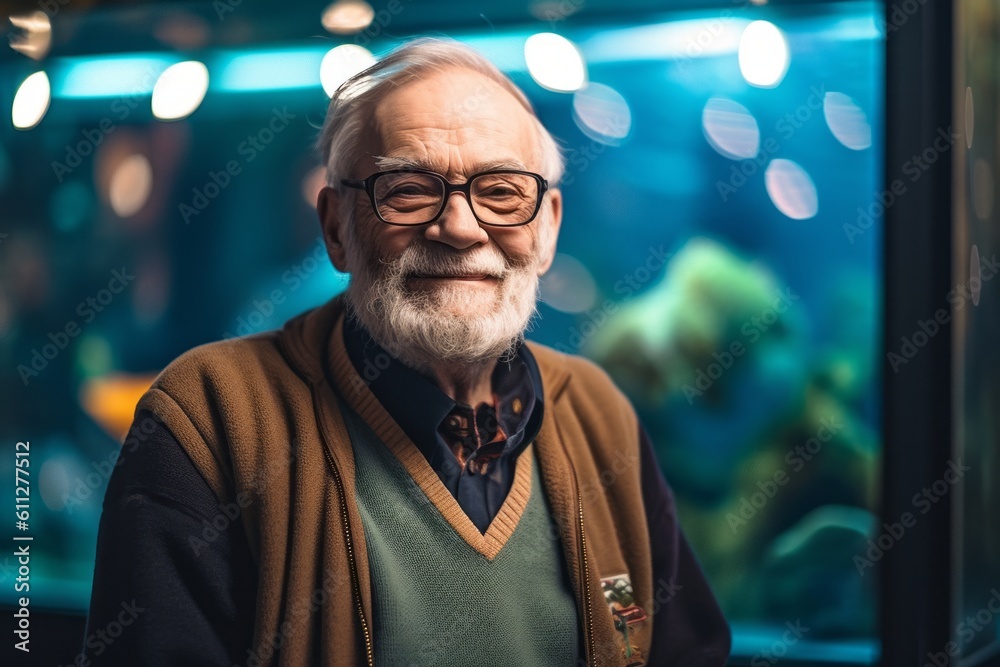 Close-up portrait photography of a satisfied old man wearing a cozy sweater against a vibrant aquarium background. With generative AI technology Close-up portrait photography of a satisfied old man wearing a cozy sweater against a vibrant aquarium background. With generative AI technology