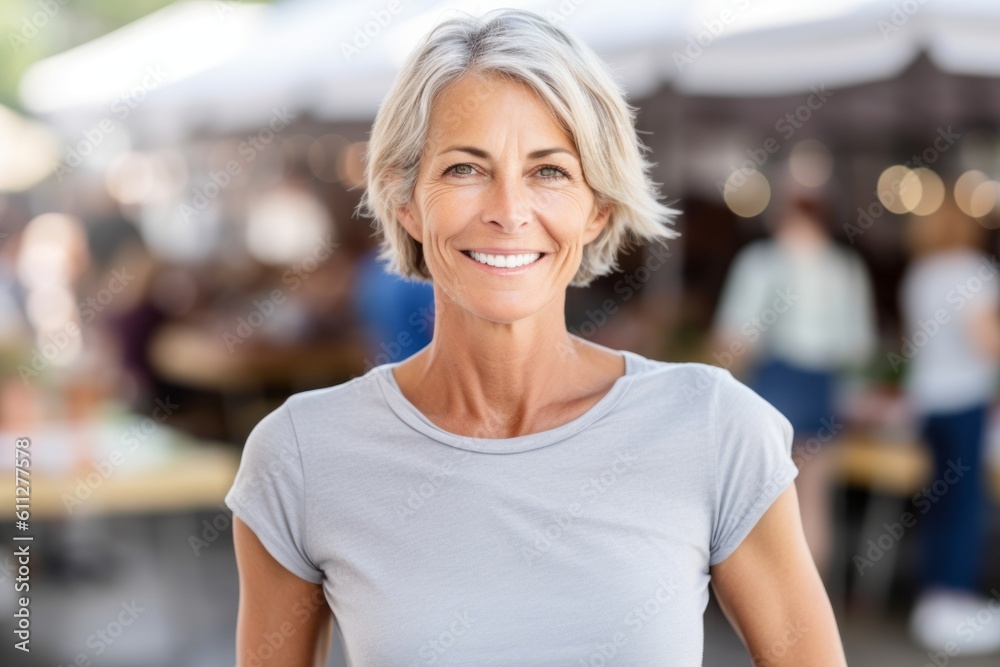Headshot portrait photography of a glad mature woman wearing a casual t-shirt against a bustling farmer's market background. With generative AI technology