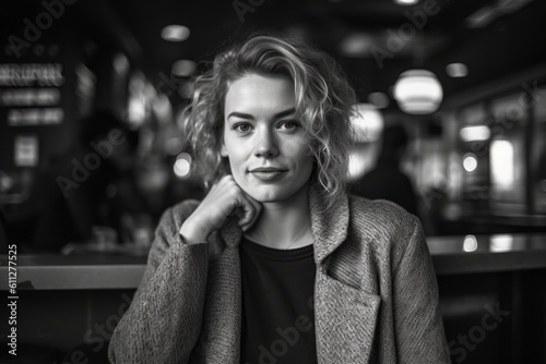 Photography in the style of pensive portraiture of a grinning mature girl wearing a chic cardigan against a lively sports bar background. With generative AI technology