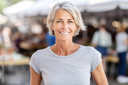 Headshot portrait photography of a glad mature woman wearing a casual t-shirt against a bustling farmer s market background. With generative AI technology