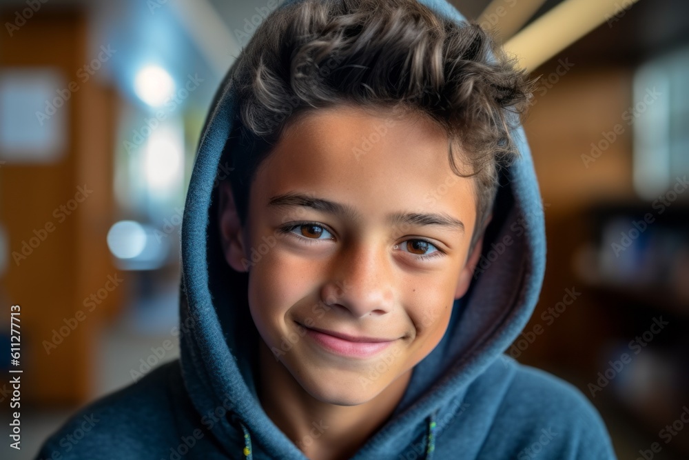 Close-up portrait photography of a happy boy in his 30s wearing a comfortable hoodie against a quiet library background. With generative AI technology Close-up portrait photography of a happy boy in his 30s wearing a comfortable hoodie against a quiet library background. With generative AI technology