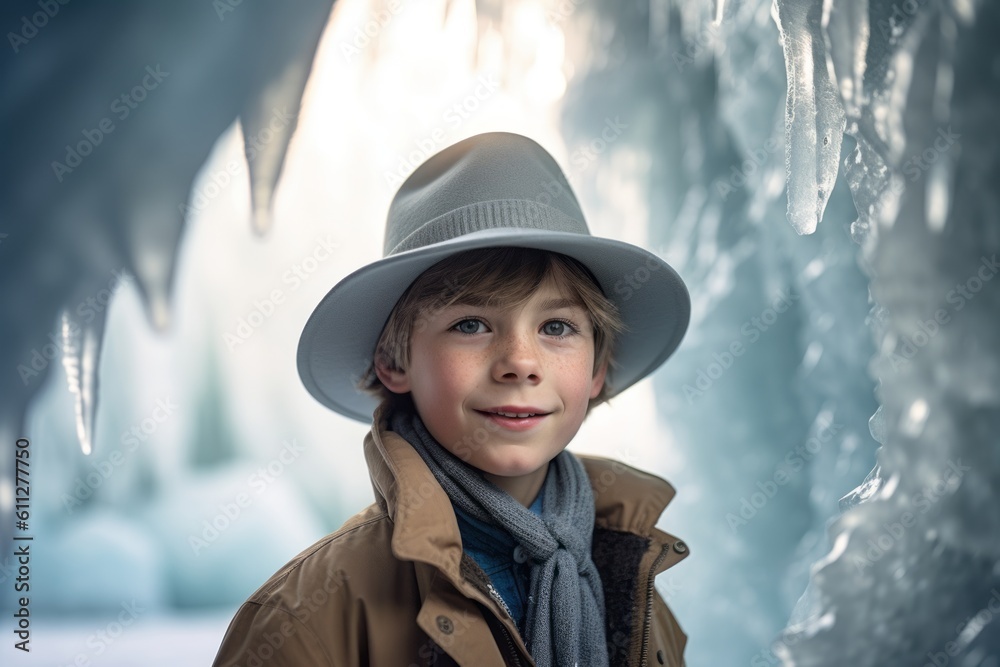 Medium shot portrait photography of a joyful mature boy wearing a stylish sun hat against a majestic ice cave background. With generative AI technology Medium shot portrait photography of a joyful mature boy wearing a stylish sun hat against a majestic ice cave background. With generative AI technology