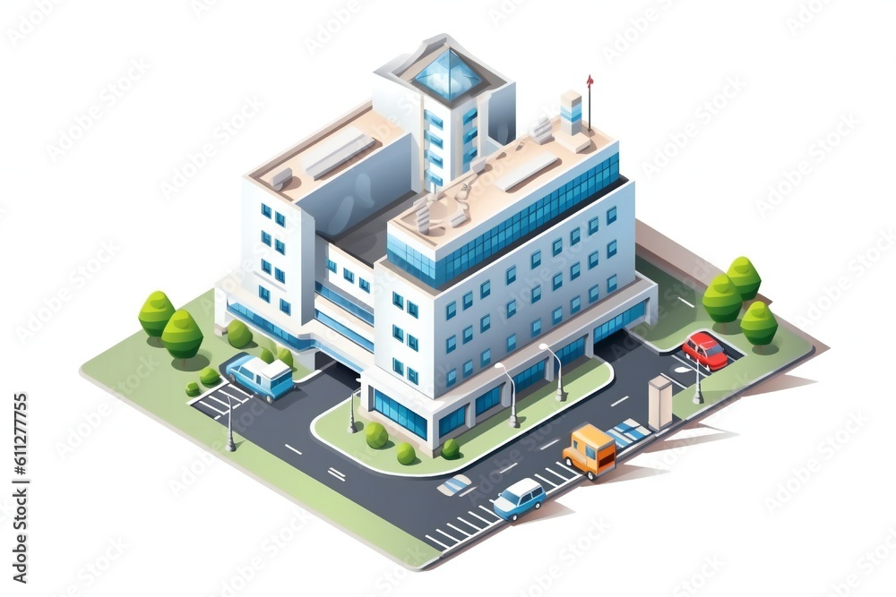 Isometric hospital building icon on white background Generative AI