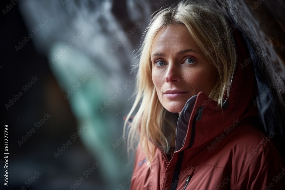 Photography in the style of pensive portraiture of a happy mature girl wearing a lightweight windbreaker against a majestic ice cave background. With generative AI technology Photography in the style of pensive portraiture of a happy mature girl wearing a lightweight windbreaker against a majestic ice cave background. With generative AI technology