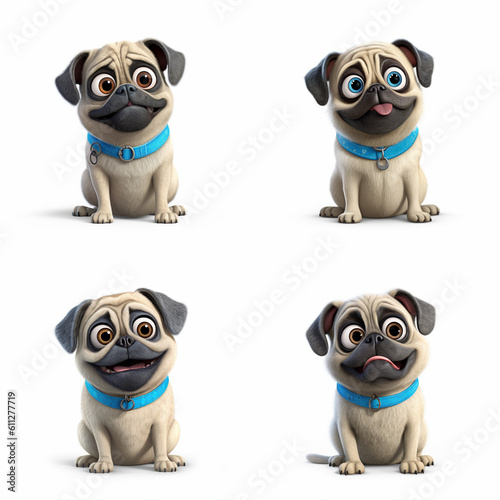 Set of 4 various cute pug dog with big smile carton style   white background  dog sitting 