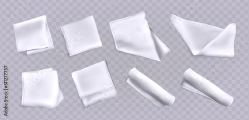 Vector realistic set of 3d white kitchen towels or tablecloths in top view. Folded napkins, cotton textiles or fabric table clothes isolated on transparent background.
