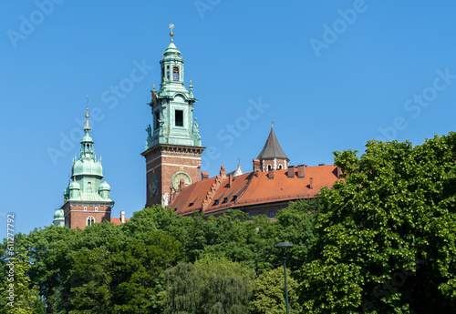 Wawel Cathedral Clock Tower (Solomon's Tower) and Royal Sigismund Bell tower buildings on Kraków Wawel Hill castle complex in Krakow, Poland.