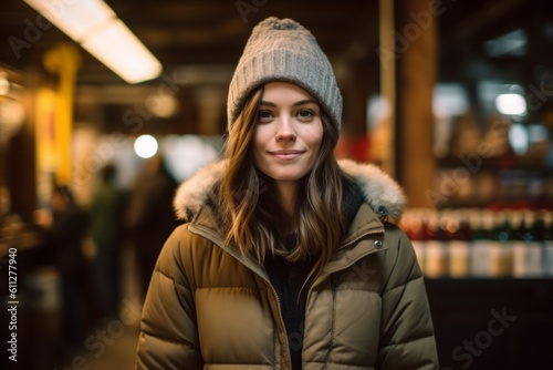 Environmental portrait photography of a satisfied mature girl wearing a cozy winter coat against a lively brewery background. With generative AI technology