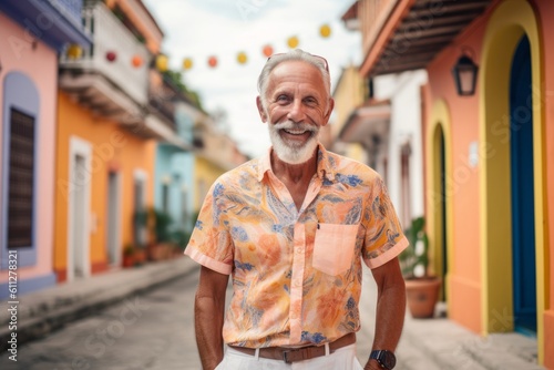 Medium shot portrait photography of a happy old man wearing breezy shorts against a historic colonial village background. With generative AI technology