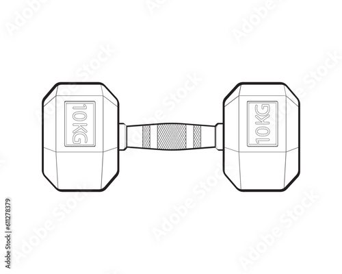 Heavy sport dumbbell for gymnastics, outline sketch vector isolated with white background.