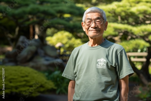 Medium shot portrait photography of a glad old man wearing a casual t-shirt against a tranquil japanese garden background. With generative AI technology