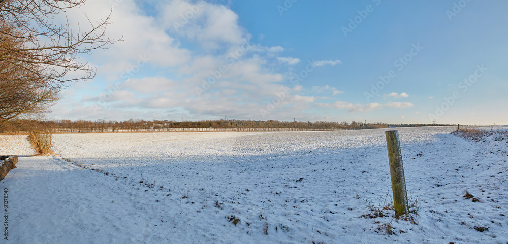 Snow, field and landscape with nature and outdoor, environment with winter and location in Denmark. Cold, fresh air and natural scenery with Earth, eco and destination with ice meadow and weather