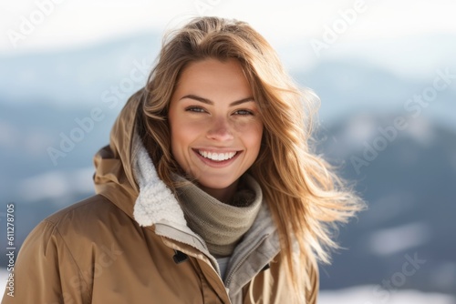 Medium shot portrait photography of a happy girl in her 30s wearing a warm parka against a scenic mountain overlook background. With generative AI technology © Markus Schröder