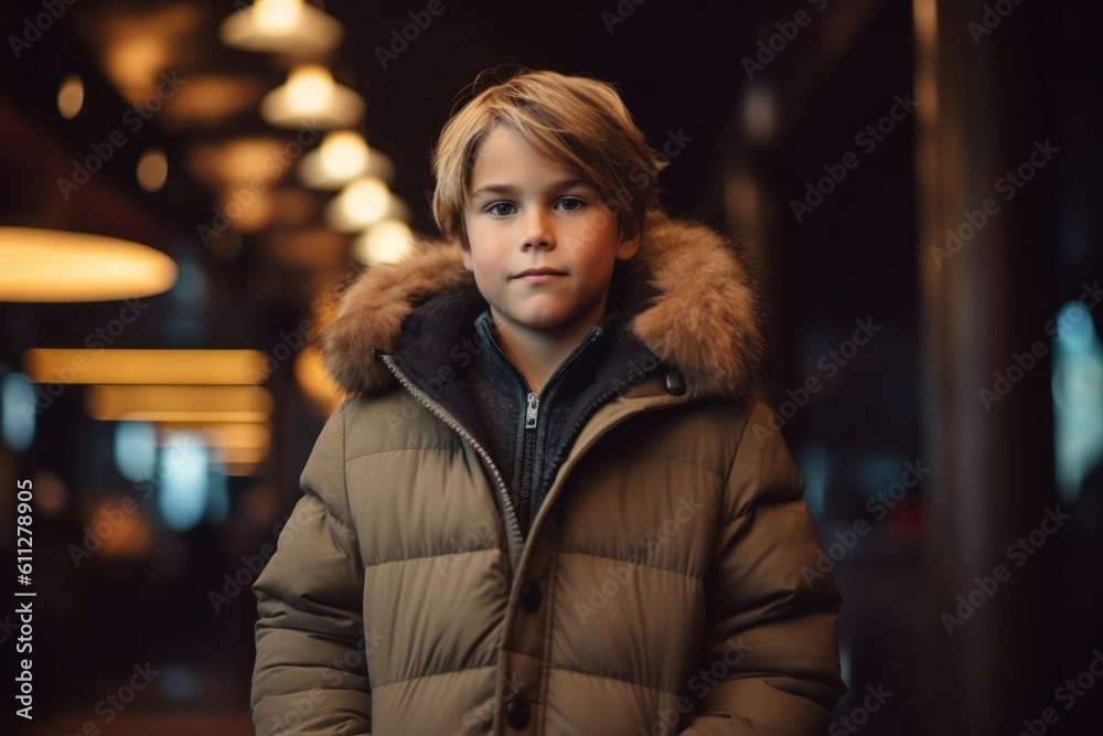 Lifestyle portrait photography of a glad kid male wearing a cozy winter coat against a classic movie theater background. With generative AI technology