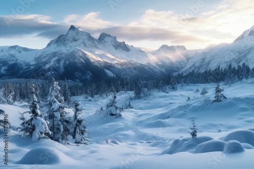 Wintery landscape with mountains covered in snow. Generative AI