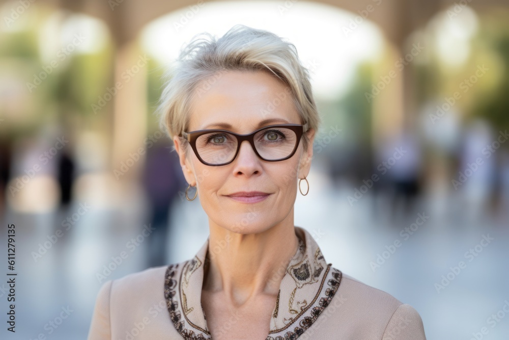 Close-up portrait photography of a glad mature woman wearing a sophisticated blouse against a bustling university campus background. With generative AI technology