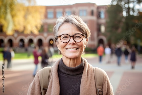 Lifestyle portrait photography of a joyful mature girl wearing a chic cardigan against a bustling university campus background. With generative AI technology
