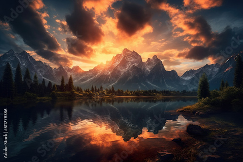 Summer sunrise on a beautiful lake with massive mountains on the background Generative AI