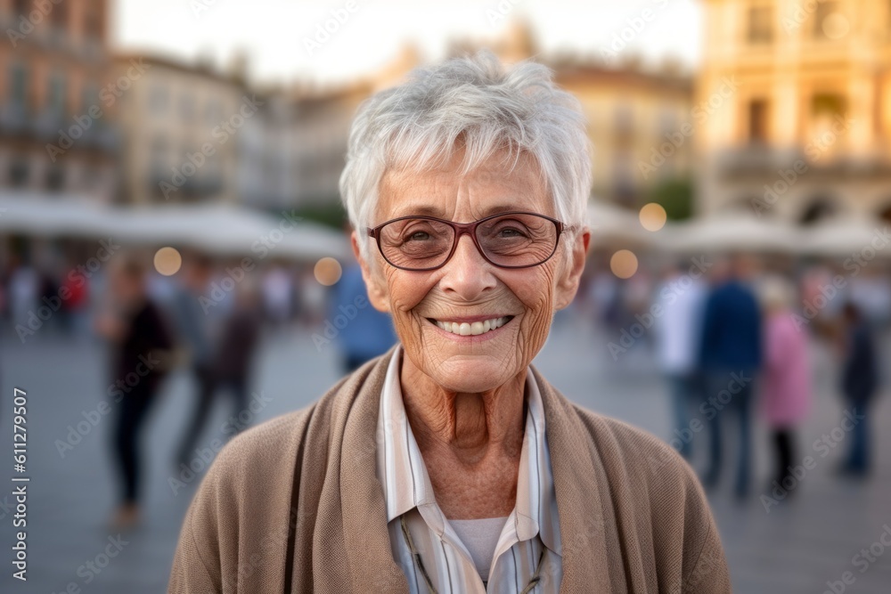 Medium shot portrait photography of a glad old woman wearing a classy button-up shirt against a bustling city square background. With generative AI technology Medium shot portrait photography of a glad old woman wearing a classy button-up shirt against a bustling city square background. With generative AI technology