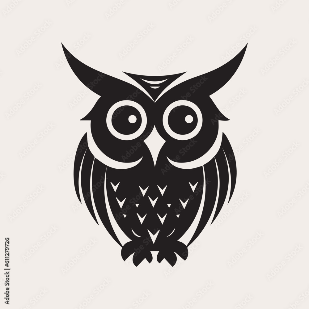 Owl one color vector logo, emblem or icon. Tattoo art style. Symbol of wisdom and knowledge.