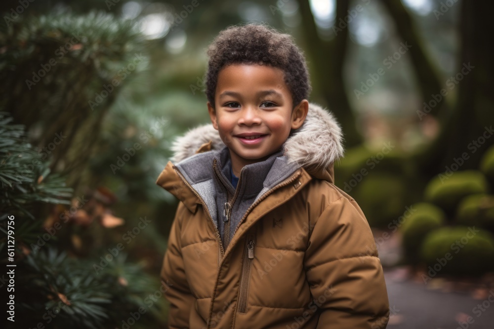 Medium shot portrait photography of a grinning boy in his 30s wearing a cozy winter coat against a peaceful zen garden background. With generative AI technology Medium shot portrait photography of a grinning boy in his 30s wearing a cozy winter coat against a peaceful zen garden background. With generative AI technology