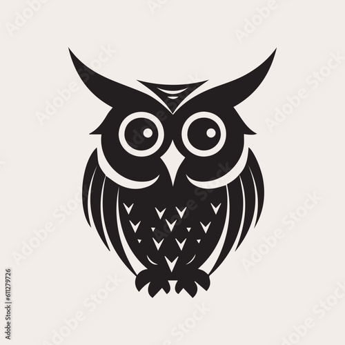 Owl one color vector logo, emblem or icon. Tattoo art style. Symbol of wisdom and knowledge.