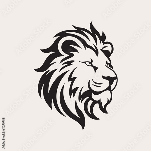 Lion head one color vector logo  emblem or icon. Tattoo art style.