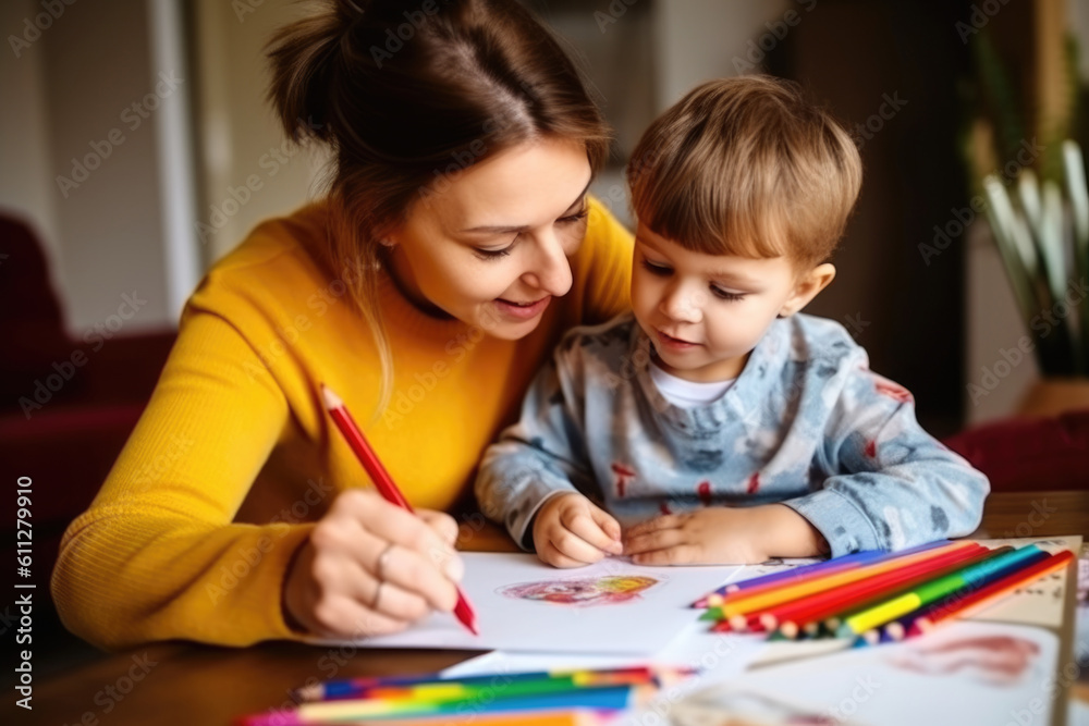 Mother and son doing homework together. AI Generative Mother and son doing homework together. AI Generative