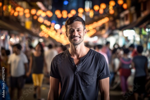 Close-up portrait photography of a glad boy in his 30s wearing a casual short-sleeve shirt against a lively night market background. With generative AI technology