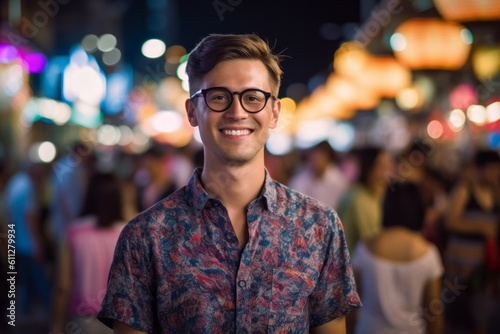 Close-up portrait photography of a glad boy in his 30s wearing a casual short-sleeve shirt against a lively night market background. With generative AI technology