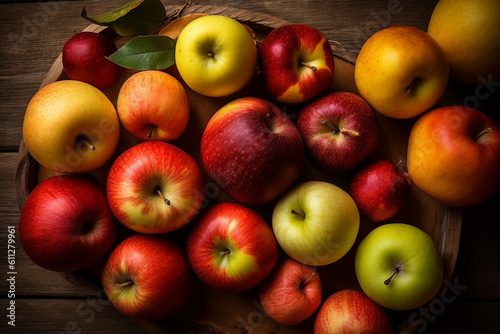 different types of apples on a wooden table, generative ai photo