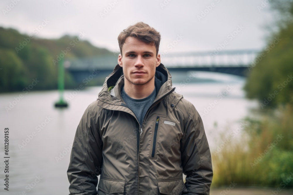 Environmental portrait photography of a tender boy in his 30s wearing a lightweight windbreaker against a peaceful riverside walk background. With generative AI technology Environmental portrait photography of a tender boy in his 30s wearing a lightweight windbreaker against a peaceful riverside walk background. With generative AI technology