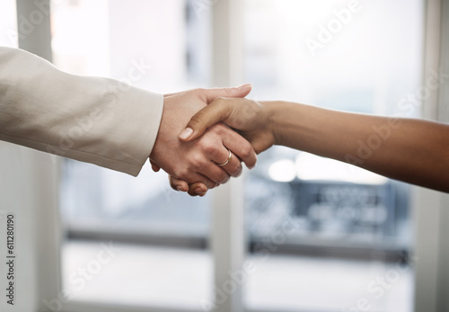 Handshake, agreement and hands of business people in office for partnership, collaboration and success. Corporate team, recruitment and and women shaking hand for thank you, welcome and onboarding