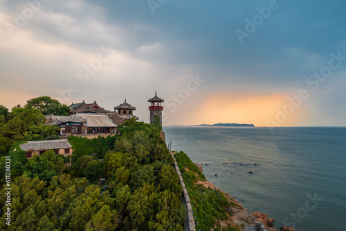 Aerial photo of sunset at Penglai Pavilion scenic spot in Yantai, Shandong province