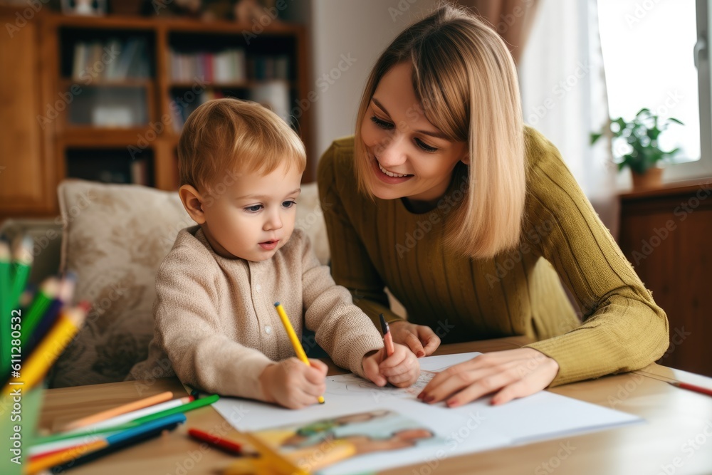 Mother and son doing homework together. AI Generative Mother and son doing homework together. AI Generative
