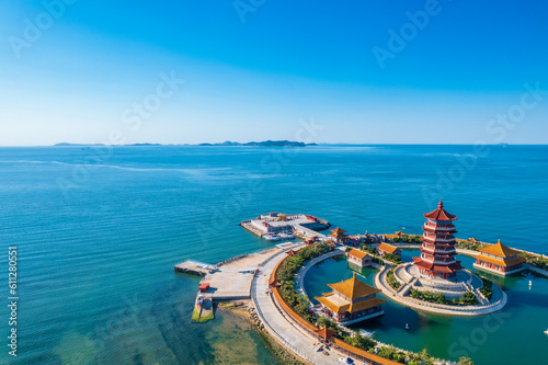 Aerial photo of Eight Immortals crossing the Sea scenic spot in Penglai, Shandong Province