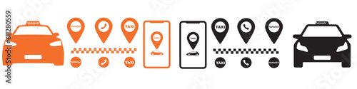 Taxi service icon set. Taxi checkered, map pin, car, auto trip vector symbols. Design element for taxi service isolated.EPS 10