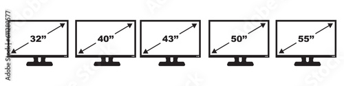 Screen size vector icon set. Diagonal screen size in 32, 40, 43, 50, 55 inches icons on white background. Vector 10 EPS. photo