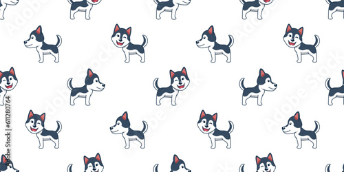 Vector cartoon siberian husky dog seamless pattern background for design.