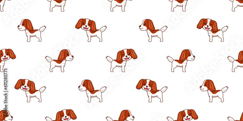 Vector cartoon cavalier king charles spaniel dog seamless pattern background for design.