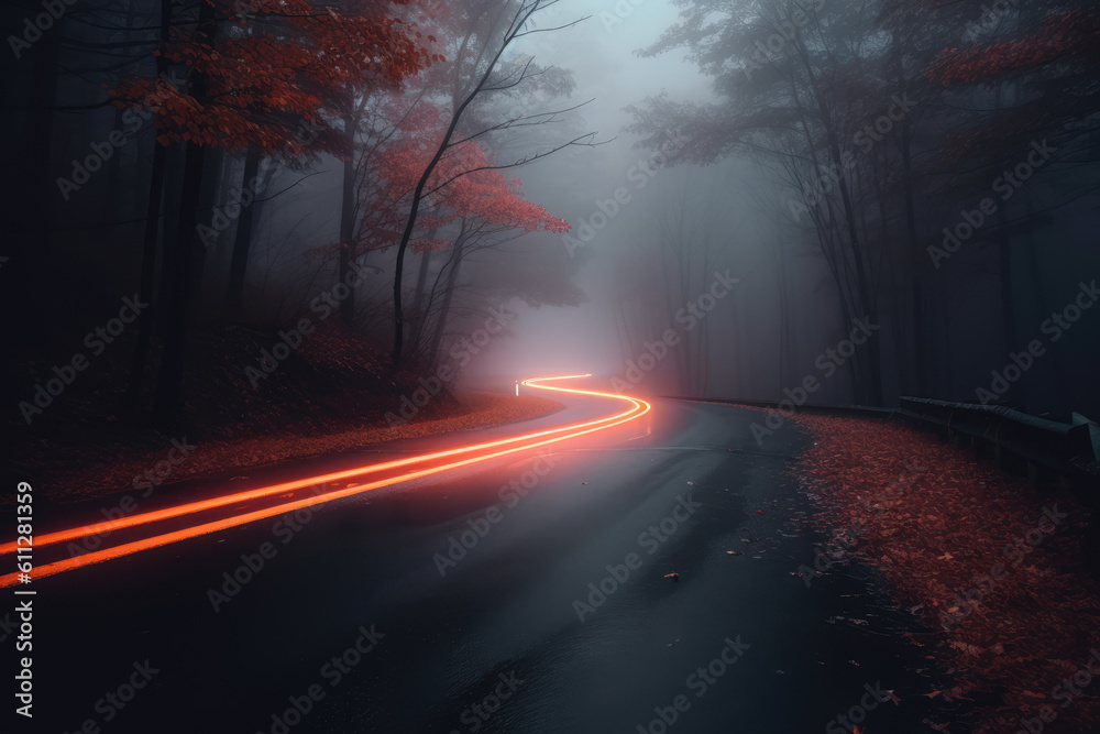 foggy dark road with light, Generative AI foggy dark road with light, Generative AI