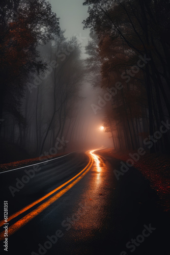 foggy dark road with light, Generative AI