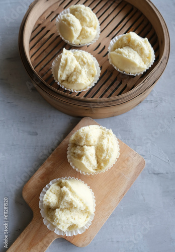 Popular Chinese pastry. White Fa Gao aka Prosperity Cake. Chinese's beliefs that food with homonym symbolised good luck and prosperity photo